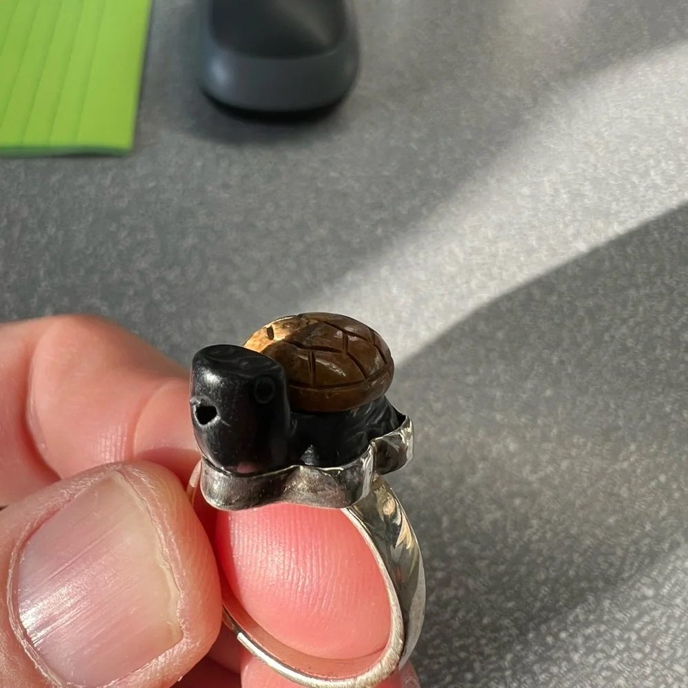 Wood turtle ring with sterling silver band, roughly size 7 3/4 - Picture 2 of 13